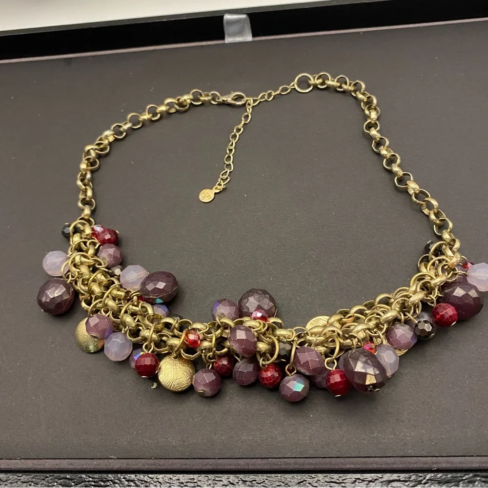 LOFT Gold Chain Statement Necklace with Purple and Pink Beads - Picture 7 of 10